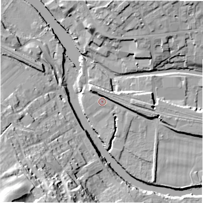 Shaded relief map of the ground around WF148NJ, computed from Environment Agency LiDAR. The ground here sits at about 45 m above sea level and falls 50 m across the surrounding 800 m. Surface water reaching this point runs off ground lying to the north-west, 4.8 m higher.