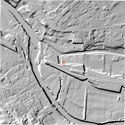 Shaded relief map of the ground around WF148NL, computed from Environment Agency LiDAR. The ground here sits at about 45 m above sea level and falls 42 m across the surrounding 800 m. Surface water reaching this point runs off ground lying to the west, 6.2 m higher.