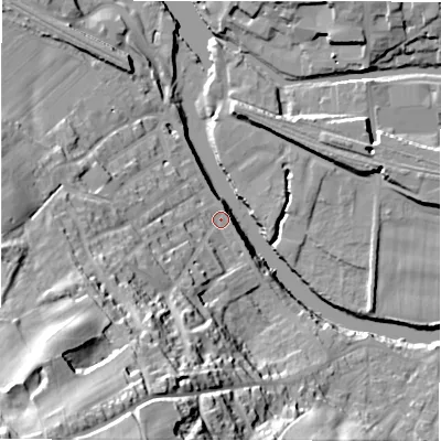 Shaded relief map of the ground around WF148NR, computed from Environment Agency LiDAR. The ground here sits at about 47 m above sea level and falls 64 m across the surrounding 800 m. Surface water reaching this point runs off ground lying to the south-west, 57.5 m higher.
