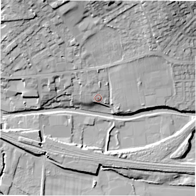 Shaded relief map of the ground around WF148PD, computed from Environment Agency LiDAR. The ground here sits at about 49 m above sea level and falls 25 m across the surrounding 800 m. Surface water reaching this point runs off ground lying to the north-north-west, 4.1 m higher.