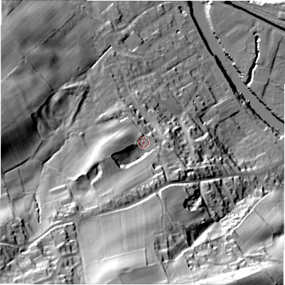 Shaded relief map of the ground around WF148PE, computed from Environment Agency LiDAR. The ground here sits at about 74 m above sea level and falls 87 m across the surrounding 800 m. Surface water reaching this point runs off ground lying to the south-west, 41.7 m higher.