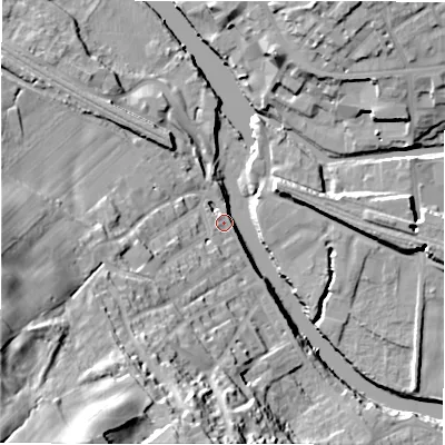 Shaded relief map of the ground around WF148PJ, computed from Environment Agency LiDAR. The ground here sits at about 46 m above sea level and falls 51 m across the surrounding 800 m. Surface water reaching this point runs off ground lying to the south-west, 6.6 m higher.