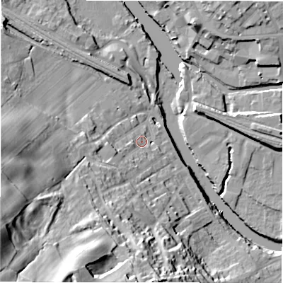 Shaded relief map of the ground around WF148PL, computed from Environment Agency LiDAR. The ground here sits at about 49 m above sea level and falls 56 m across the surrounding 800 m. Surface water reaching this point runs off ground lying to the west-south-west, 11.8 m higher.