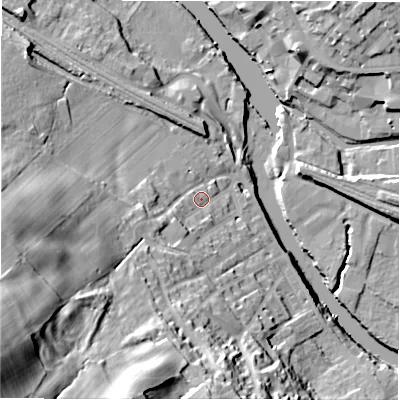 Shaded relief map of the ground around WF148PN, computed from Environment Agency LiDAR. The ground here sits at about 50 m above sea level and falls 62 m across the surrounding 800 m. Surface water reaching this point runs off ground lying to the south-west, 52.4 m higher.