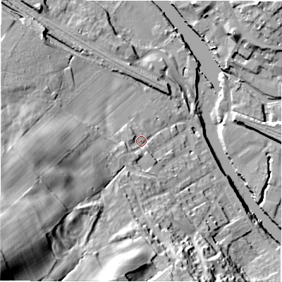 Shaded relief map of the ground around WF148PS, computed from Environment Agency LiDAR. The ground here sits at about 53 m above sea level and falls 71 m across the surrounding 800 m. Surface water reaching this point runs off ground lying to the south-west, 57.5 m higher.