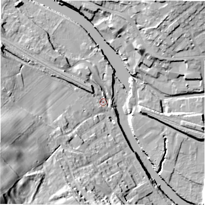 Shaded relief map of the ground around WF148PW, computed from Environment Agency LiDAR. The ground here sits at about 46 m above sea level and falls 55 m across the surrounding 800 m. Surface water reaching this point runs off ground lying to the south-west, 46.4 m higher.