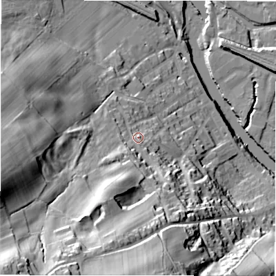 Shaded relief map of the ground around WF148PX, computed from Environment Agency LiDAR. The ground here sits at about 63 m above sea level and falls 80 m across the surrounding 800 m. Surface water reaching this point runs off ground lying to the south-west, 35.1 m higher.