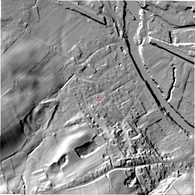 Shaded relief map of the ground around WF148QE, computed from Environment Agency LiDAR. The ground here sits at about 58 m above sea level and falls 74 m across the surrounding 800 m. Surface water reaching this point runs off ground lying to the south-west, 39.9 m higher.