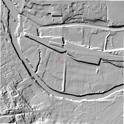 Shaded relief map of the ground around WF148QF, computed from Environment Agency LiDAR. The ground here sits at about 44 m above sea level and falls 52 m across the surrounding 800 m. Surface water reaching this point runs off ground lying to the north-west, 6.0 m higher.