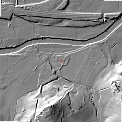 Shaded relief map of the ground around WF148QG, computed from Environment Agency LiDAR. The ground here sits at about 45 m above sea level and falls 47 m across the surrounding 800 m. Surface water reaching this point runs off ground lying to the south-south-east, 1.8 m higher.