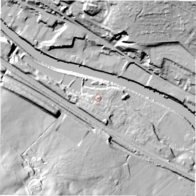 Shaded relief map of the ground around WF148QJ, computed from Environment Agency LiDAR. The ground here sits at about 50 m above sea level and falls 56 m across the surrounding 800 m. Surface water reaching this point runs off ground lying to the south, 4.5 m higher.