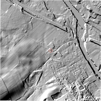 Shaded relief map of the ground around WF148RA, computed from Environment Agency LiDAR. The ground here sits at about 57 m above sea level and falls 76 m across the surrounding 800 m. Surface water reaching this point runs off ground lying to the south-west, 58.6 m higher.