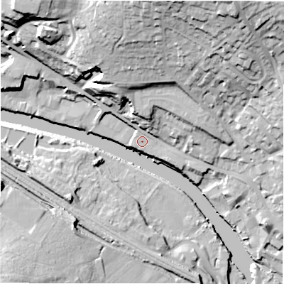 Shaded relief map of the ground around WF149DA, computed from Environment Agency LiDAR. The ground here sits at about 48 m above sea level and falls 42 m across the surrounding 800 m. Surface water reaching this point runs off ground lying to the north, 1.3 m higher.