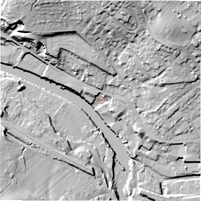 Shaded relief map of the ground around WF149DB, computed from Environment Agency LiDAR. The ground here sits at about 47 m above sea level and falls 36 m across the surrounding 800 m. Surface water reaching this point runs off ground lying to the north-north-east, 30.1 m higher.