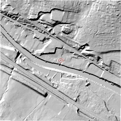 Shaded relief map of the ground around WF149DD, computed from Environment Agency LiDAR. The ground here sits at about 45 m above sea level and falls 50 m across the surrounding 800 m. Surface water reaching this point runs off ground lying to the north, 1.9 m higher.
