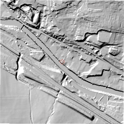 Shaded relief map of the ground around WF149DH, computed from Environment Agency LiDAR. The ground here sits at about 47 m above sea level and falls 51 m across the surrounding 800 m. Surface water reaching this point runs off ground lying to the south-west, 51.2 m higher.