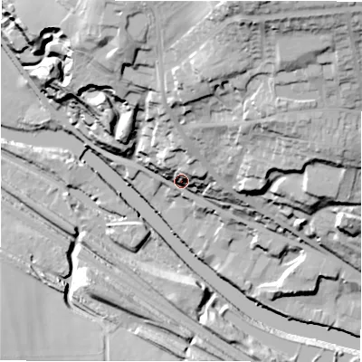 Shaded relief map of the ground around WF149DL, computed from Environment Agency LiDAR. The ground here sits at about 59 m above sea level and falls 60 m across the surrounding 800 m. Surface water reaching this point runs off ground lying to the north, 18.4 m higher.