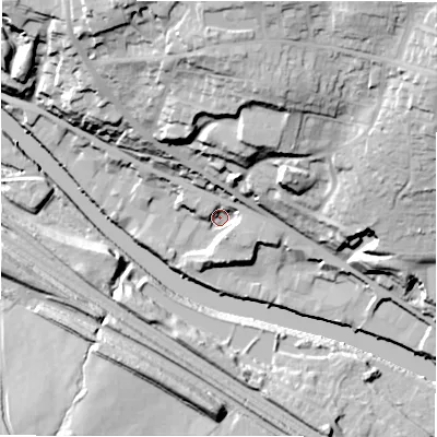 Shaded relief map of the ground around WF149DQ, computed from Environment Agency LiDAR. The ground here sits at about 46 m above sea level and falls 46 m across the surrounding 800 m. Surface water reaching this point runs off ground lying to the east-north-east, 24.8 m higher.