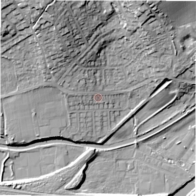 Shaded relief map of the ground around WF149HG, computed from Environment Agency LiDAR. The ground here sits at about 49 m above sea level and falls 32 m across the surrounding 800 m. Surface water reaching this point runs off ground lying to the north-north-west, 17.5 m higher.