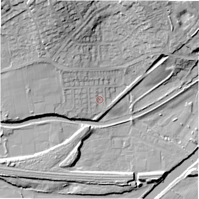 Shaded relief map of the ground around WF149HL, computed from Environment Agency LiDAR. The ground here sits at about 47 m above sea level and falls 27 m across the surrounding 800 m. Surface water reaching this point runs off ground lying to the north-west, 4.6 m higher.