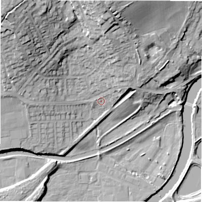 Shaded relief map of the ground around WF149HN, computed from Environment Agency LiDAR. The ground here sits at about 46 m above sea level and falls 33 m across the surrounding 800 m. Surface water reaching this point runs off ground lying to the north-west, 27.9 m higher.