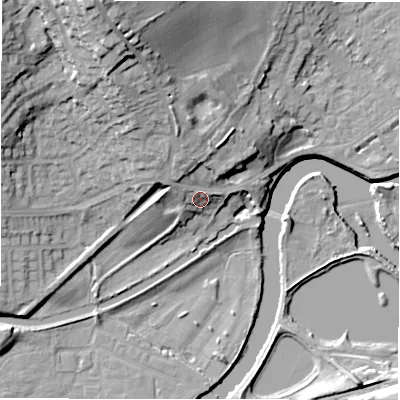 Shaded relief map of the ground around WF149HP, computed from Environment Agency LiDAR. The ground here sits at about 47 m above sea level and falls 32 m across the surrounding 800 m. Surface water reaching this point runs off ground lying to the north-north-west, 10.4 m higher.