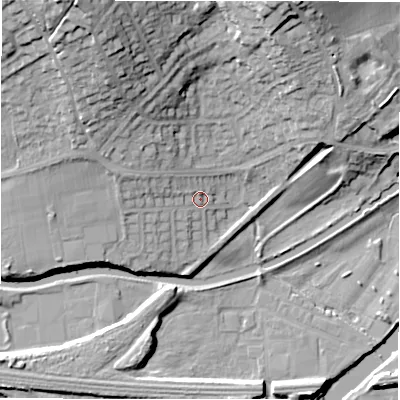 Shaded relief map of the ground around WF149HQ, computed from Environment Agency LiDAR. The ground here sits at about 48 m above sea level and falls 31 m across the surrounding 800 m. Surface water reaching this point runs off ground lying to the west-north-west, 5.3 m higher.