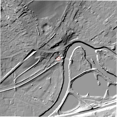 Shaded relief map of the ground around WF149HR, computed from Environment Agency LiDAR. The ground here sits at about 42 m above sea level and falls 30 m across the surrounding 800 m. Surface water reaching this point runs off ground lying to the north-north-west, 6.0 m higher.