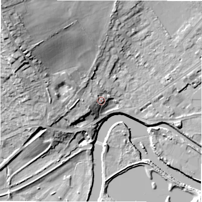 Shaded relief map of the ground around WF149HS, computed from Environment Agency LiDAR. The ground here sits at about 48 m above sea level and falls 37 m across the surrounding 800 m. Surface water reaching this point runs off ground lying to the west, 3.4 m higher.