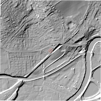 Shaded relief map of the ground around WF149HW, computed from Environment Agency LiDAR. The ground here sits at about 47 m above sea level and falls 32 m across the surrounding 800 m. Surface water reaching this point runs off ground lying to the north, 19.3 m higher.