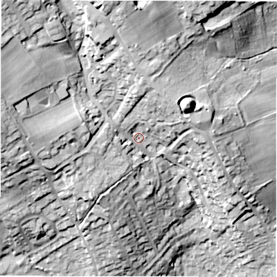 Shaded relief map of the ground around WF149HZ, computed from Environment Agency LiDAR. The ground here sits at about 64 m above sea level and falls 35 m across the surrounding 800 m. Surface water reaching this point runs off ground lying to the north-west, 20.2 m higher.