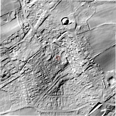 Shaded relief map of the ground around WF149JA, computed from Environment Agency LiDAR. The ground here sits at about 60 m above sea level and falls 40 m across the surrounding 800 m. Surface water reaching this point runs off ground lying to the west, 5.6 m higher.