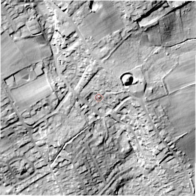 Shaded relief map of the ground around WF149JB, computed from Environment Agency LiDAR. The ground here sits at about 65 m above sea level and falls 35 m across the surrounding 800 m. Surface water reaching this point runs off ground lying to the north-north-west, 20.9 m higher.
