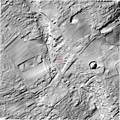 Shaded relief map of the ground around WF149JF, computed from Environment Agency LiDAR. The ground here sits at about 69 m above sea level and falls 37 m across the surrounding 800 m. Surface water reaching this point runs off ground lying to the north-west, 23.5 m higher.