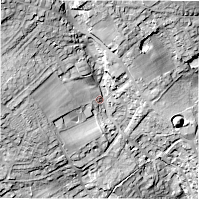 Shaded relief map of the ground around WF149JG, computed from Environment Agency LiDAR. The ground here sits at about 71 m above sea level and falls 41 m across the surrounding 800 m. Surface water reaching this point runs off ground lying to the north-west, 26.4 m higher.