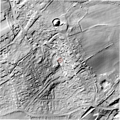 Shaded relief map of the ground around WF149JL, computed from Environment Agency LiDAR. The ground here sits at about 59 m above sea level and falls 42 m across the surrounding 800 m. Surface water reaching this point runs off ground lying to the north, 26.5 m higher.