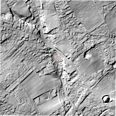 Shaded relief map of the ground around WF149JN, computed from Environment Agency LiDAR. The ground here sits at about 76 m above sea level and falls 37 m across the surrounding 800 m. Surface water reaching this point runs off ground lying to the north-west, 24.0 m higher.