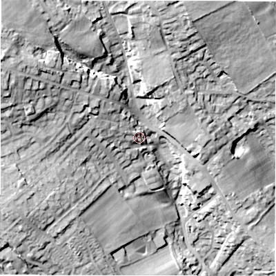 Shaded relief map of the ground around WF149JP, computed from Environment Agency LiDAR. The ground here sits at about 82 m above sea level and falls 37 m across the surrounding 800 m. Surface water reaching this point runs off ground lying to the north-west, 6.5 m higher.