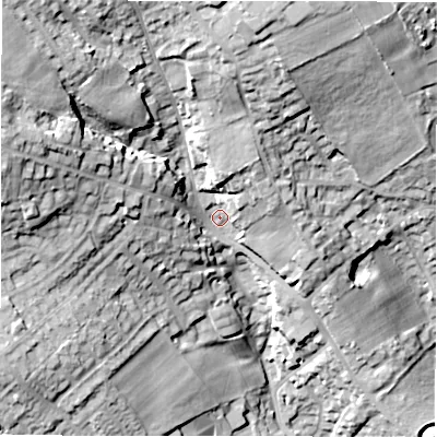 Shaded relief map of the ground around WF149JR, computed from Environment Agency LiDAR. The ground here sits at about 81 m above sea level and falls 36 m across the surrounding 800 m. Surface water reaching this point runs off ground lying to the north-west, 22.3 m higher.