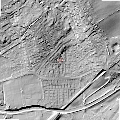 Shaded relief map of the ground around WF149NN, computed from Environment Agency LiDAR. The ground here sits at about 51 m above sea level and falls 37 m across the surrounding 800 m. Surface water reaching this point runs off ground lying to the north-west, 18.9 m higher.