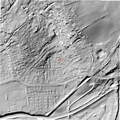 Shaded relief map of the ground around WF149NP, computed from Environment Agency LiDAR. The ground here sits at about 51 m above sea level and falls 36 m across the surrounding 800 m. Surface water reaching this point runs off ground lying to the north, 24.7 m higher.