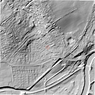 Shaded relief map of the ground around WF149NS, computed from Environment Agency LiDAR. The ground here sits at about 52 m above sea level and falls 36 m across the surrounding 800 m. Surface water reaching this point runs off ground lying to the north-north-east, 8.3 m higher.