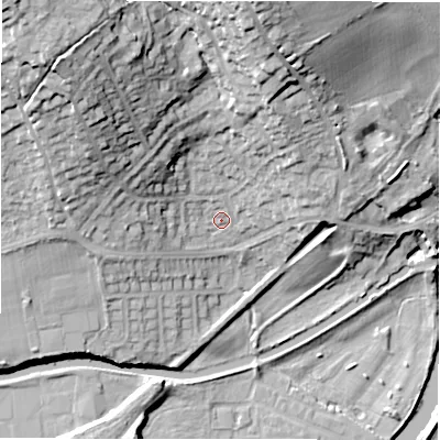 Shaded relief map of the ground around WF149NT, computed from Environment Agency LiDAR. The ground here sits at about 48 m above sea level and falls 34 m across the surrounding 800 m. Surface water reaching this point runs off ground lying to the north-west, 24.7 m higher.