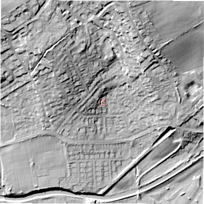 Shaded relief map of the ground around WF149NW, computed from Environment Agency LiDAR. The ground here sits at about 51 m above sea level and falls 37 m across the surrounding 800 m. Surface water reaching this point runs off ground lying to the north-west, 17.1 m higher.