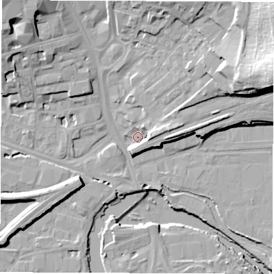 Shaded relief map of the ground around WF14EJ, computed from Environment Agency LiDAR. The ground here sits at about 24 m above sea level and falls 29 m across the surrounding 800 m. Surface water reaching this point runs off ground lying to the east-north-east, 7.4 m higher.