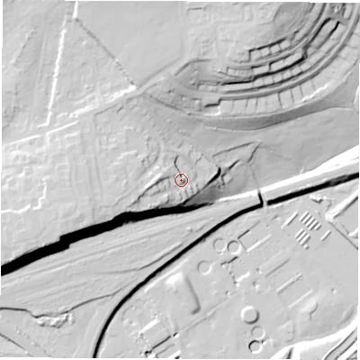 Shaded relief map of the ground around WF14HB, computed from Environment Agency LiDAR. The ground here sits at about 43 m above sea level and falls 36 m across the surrounding 800 m. Surface water reaching this point runs off ground lying to the west-south-west, 9.7 m higher.