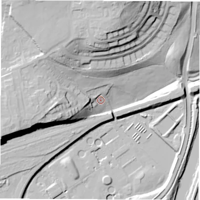 Shaded relief map of the ground around WF14HF, computed from Environment Agency LiDAR. The ground here sits at about 28 m above sea level and falls 39 m across the surrounding 800 m. Surface water reaching this point runs off ground lying to the north-west, 4.3 m higher.