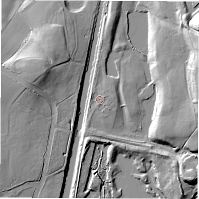 Shaded relief map of the ground around WF14JA, computed from Environment Agency LiDAR. The ground here sits at about 23 m above sea level and falls 26 m across the surrounding 800 m. Surface water reaching this point runs off ground lying to the west, 2.2 m higher.