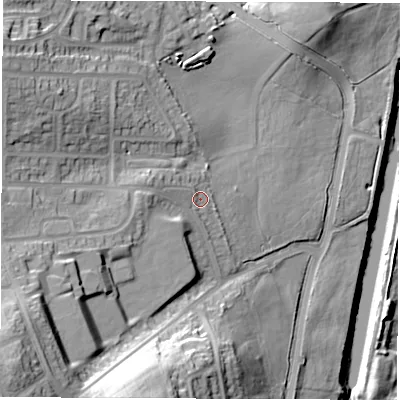 Shaded relief map of the ground around WF14JB, computed from Environment Agency LiDAR. The ground here sits at about 35 m above sea level and falls 42 m across the surrounding 800 m. Surface water reaching this point runs off ground lying to the west, 5.8 m higher.