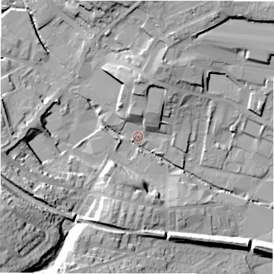 Shaded relief map of the ground around WF156AR, computed from Environment Agency LiDAR. The ground here sits at about 58 m above sea level and falls 36 m across the surrounding 800 m. Surface water reaching this point runs off ground lying to the south-west, 34.0 m higher.